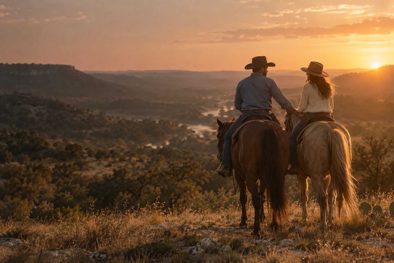 A couple on horseback, seen from behind, looking out over the Texas Hill Country at sunset