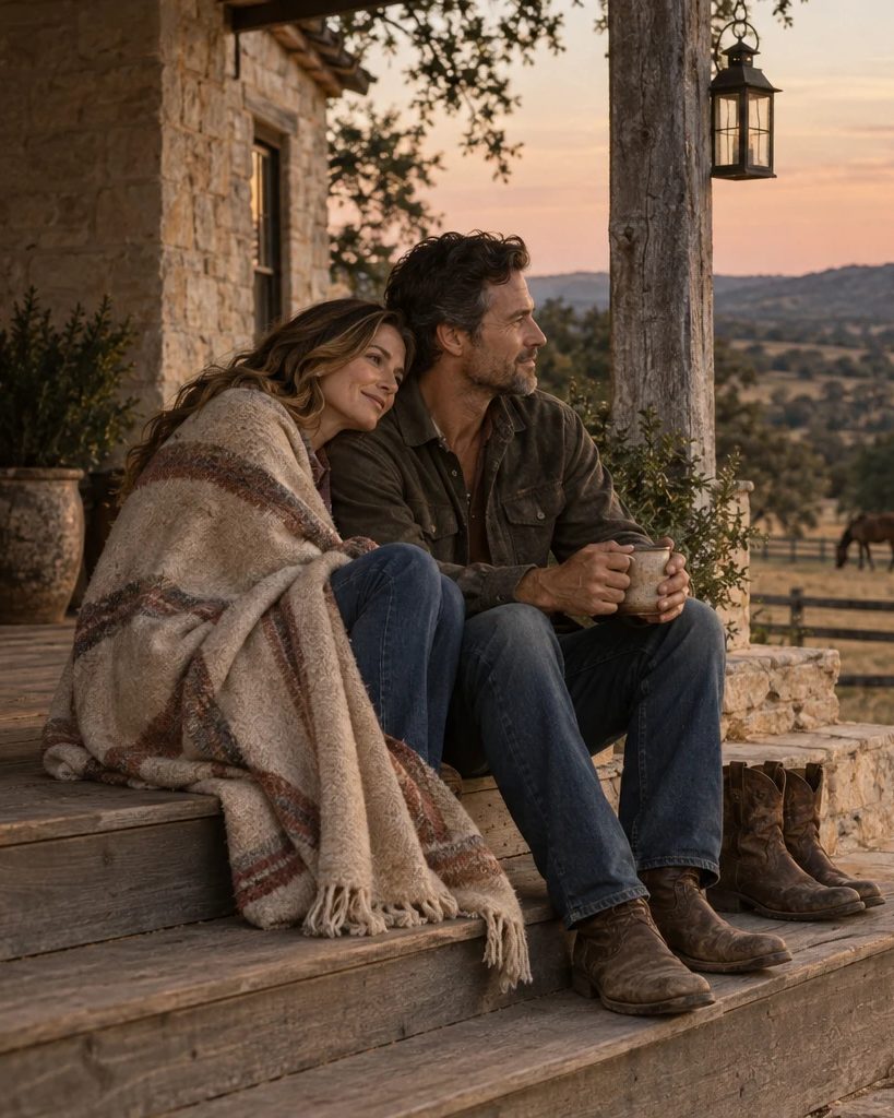 A couple wrapped in a blanket on the porch steps of a limestone ranch house at sunset, horses grazing beyond