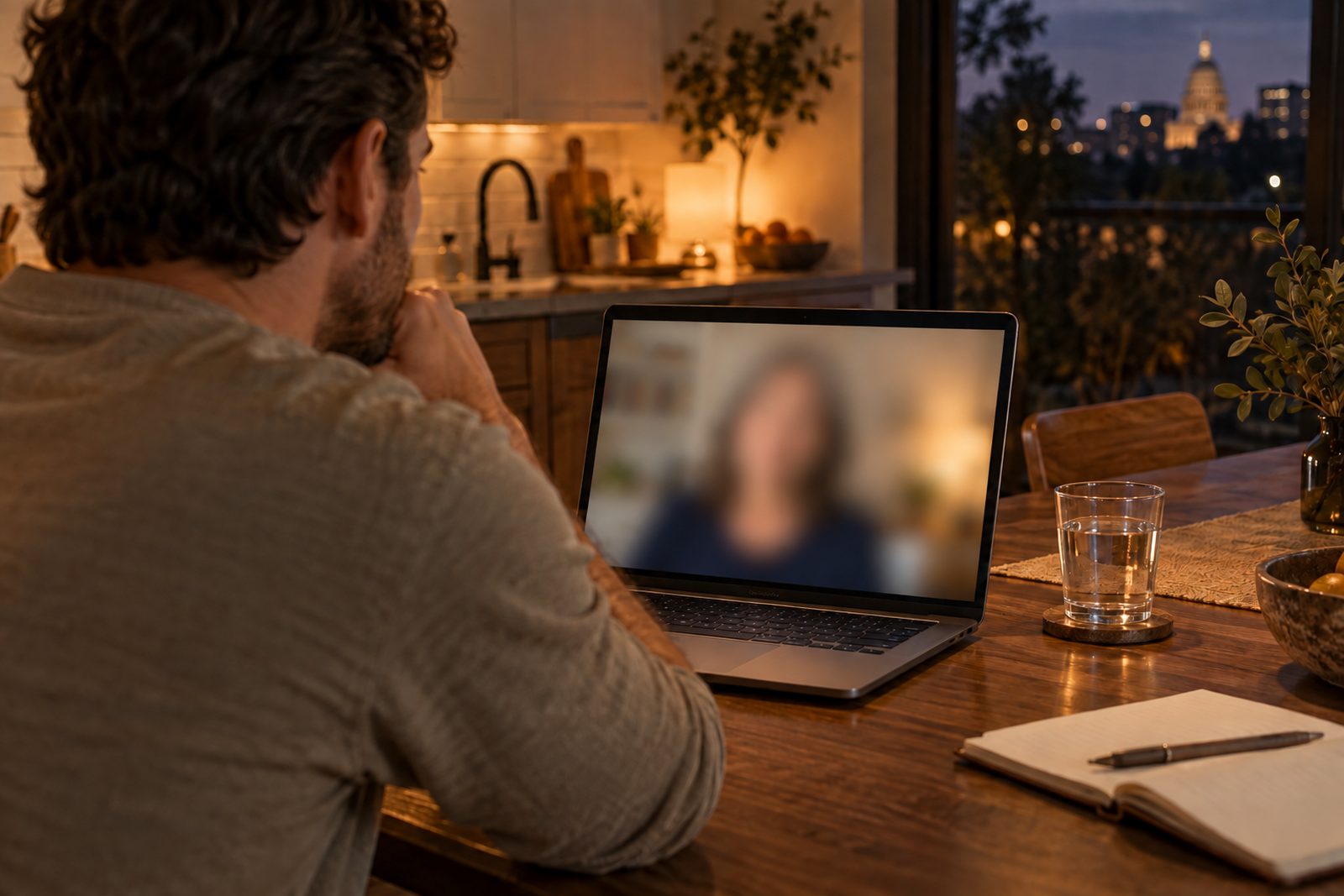 A man on a video call at his kitchen table in the evening