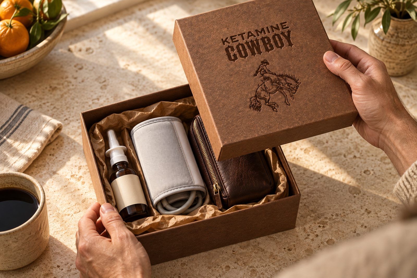 Hands lifting the lid of the embossed Ketamine Cowboy box, revealing an amber spray bottle, a blood-pressure cuff and a leather pouch